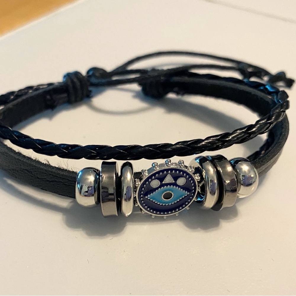 Black Leather Evil Eye Bracelet with Silver Accents